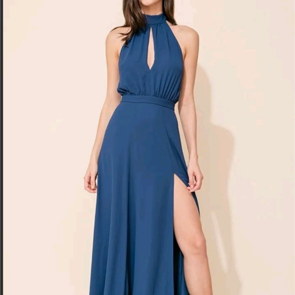Yumi Kim Navy Blue Halter Maxi Dress with Side Slit